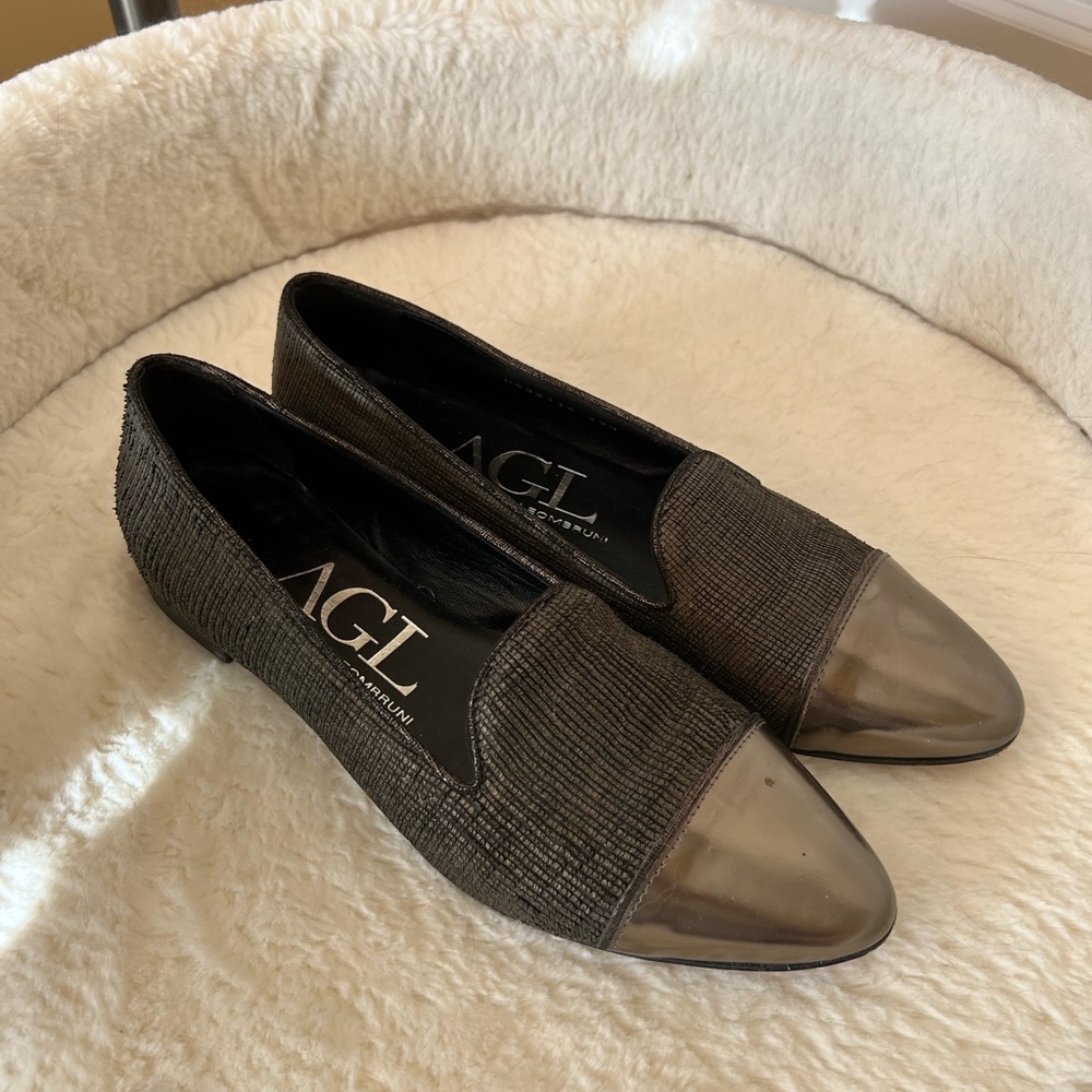 AGL Flat Shoes in metallic dark green leather